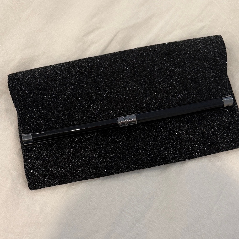 Diane Von Furstenberg Black Glitter Evening Clutch with enamel Bar Accent